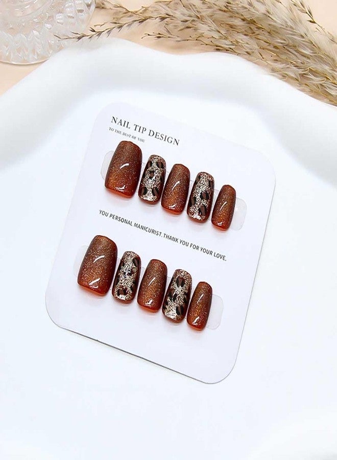 RikView Square Press on Nails Medium Fake Nails with Cat Eye Finish Caramel Nails Glossy Full Cover Nails for Women 15 Sizes - 30 PCs/Set - Image 1
